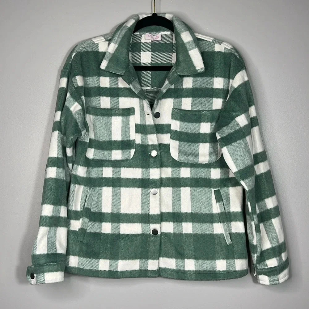 Pink Lily Sage Green Checkered Button-Up Jacket - Small - NWOT